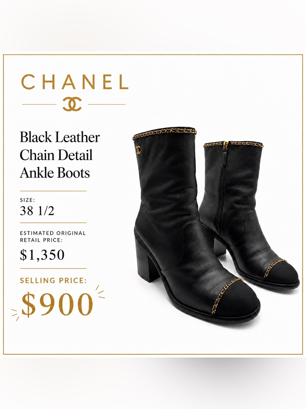 Chanel Black Leather Chain Detail Ankle Boots - Size 38 1/2